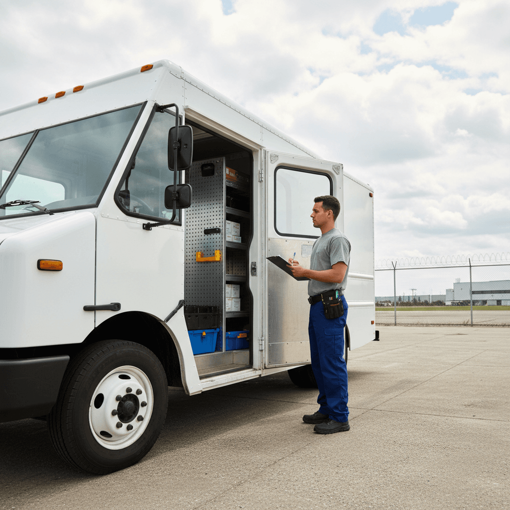 White step van with open cargo door and driver checking inventory