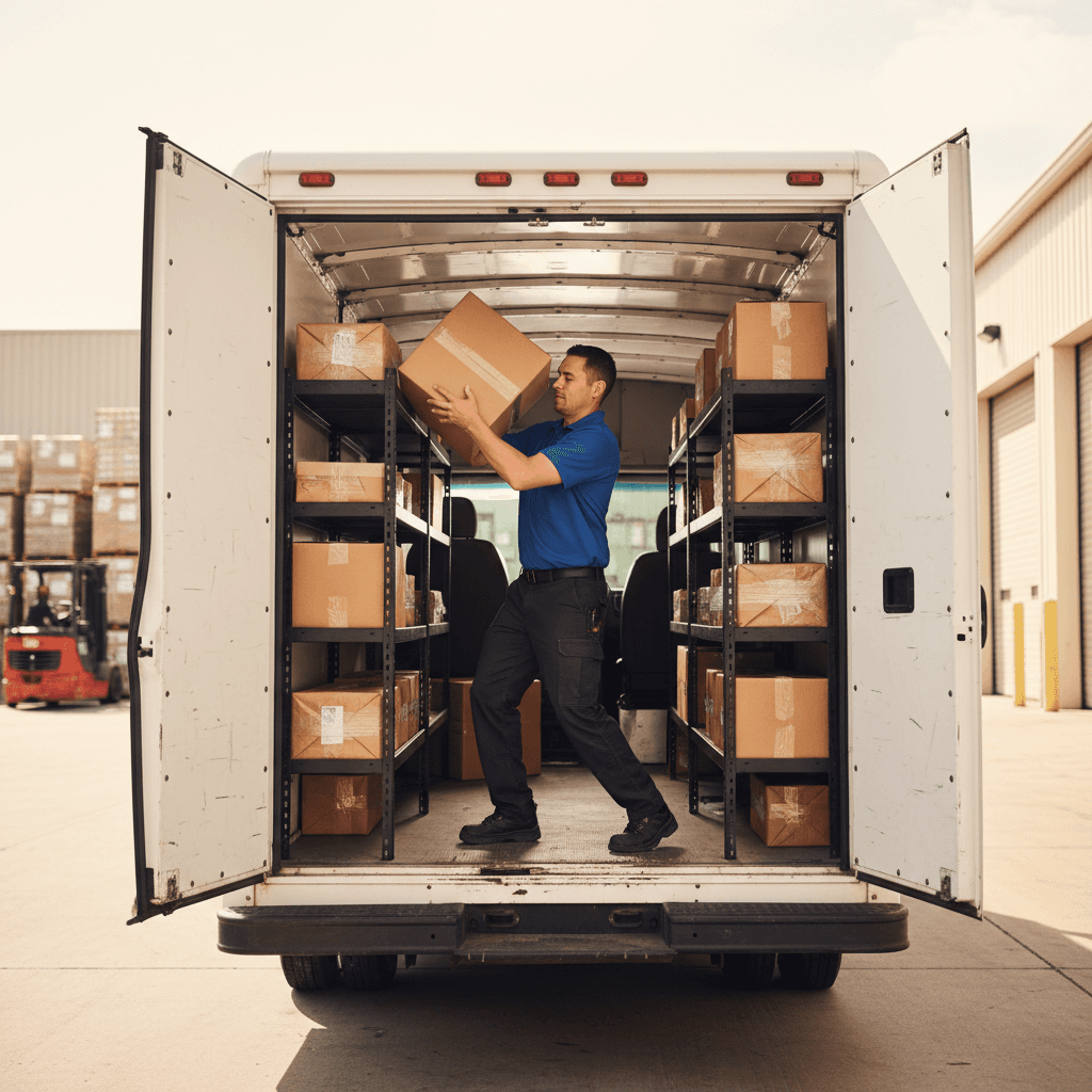 Driver actively loading packages into step van's organized cargo space