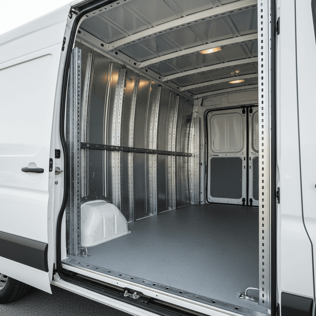 Interior cargo van showing tie-down points and organized space