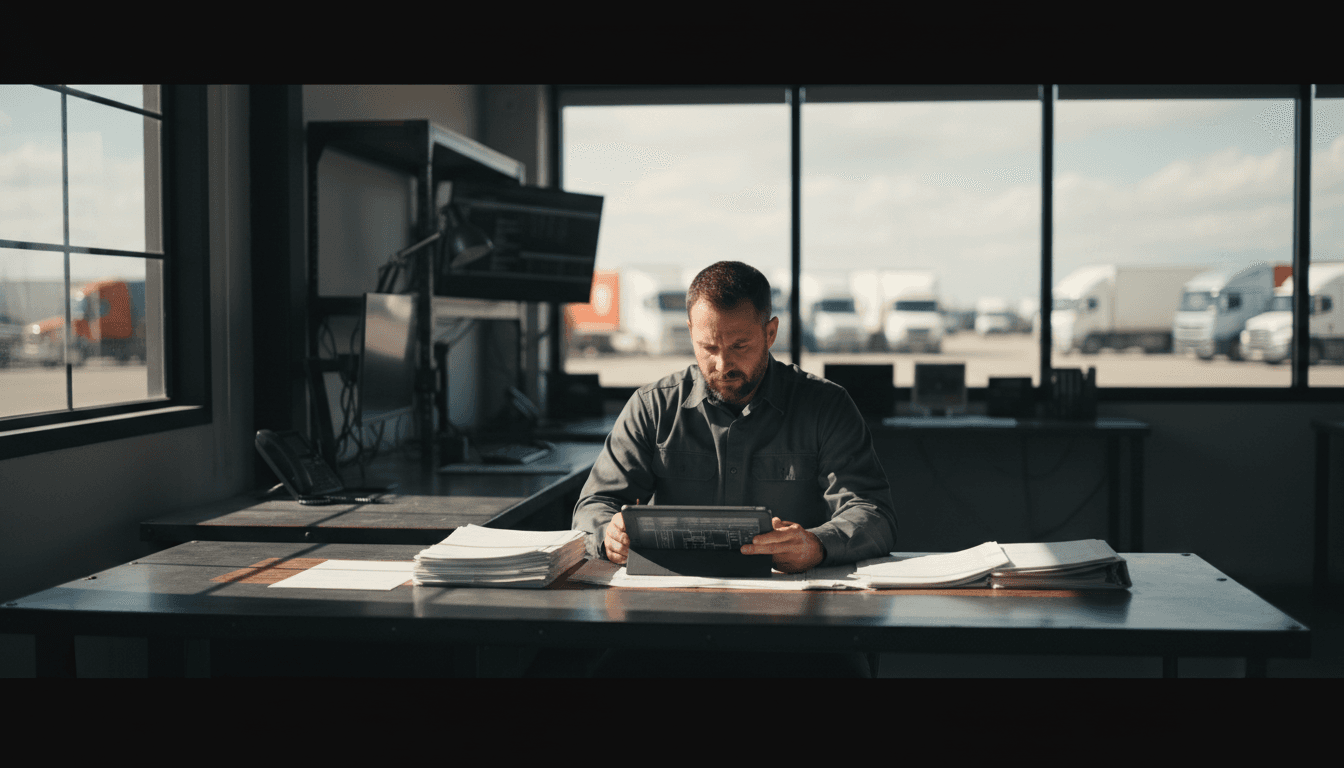 Fleet professional reviewing vehicle maintenance and rental documentation at desk in Joliet office