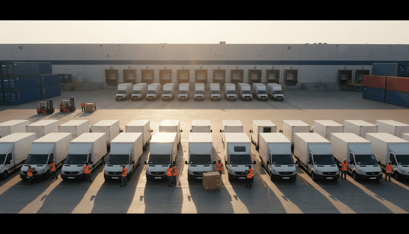 Professional freight fleet in organized logistics yard with drivers conducting vehicle inspections and cargo loading
